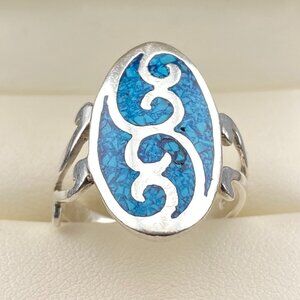 Vtg Jim Calladitto Navajo Blue Turquoise Sterling Silver Swirl Ring Sz 8 - 5.9gm
